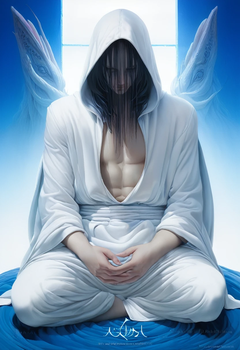 painting of a man sitting in a meditation position on a blue surface, adim kashin, inspired by Enki Bilal, hooded figure, inspired by Gyoshū Hayami, painting of white human figures, detailed painting of dune movie, with no face, ditigal painting, hooded figures, vdragan bibin, shikanosuke yagaki
