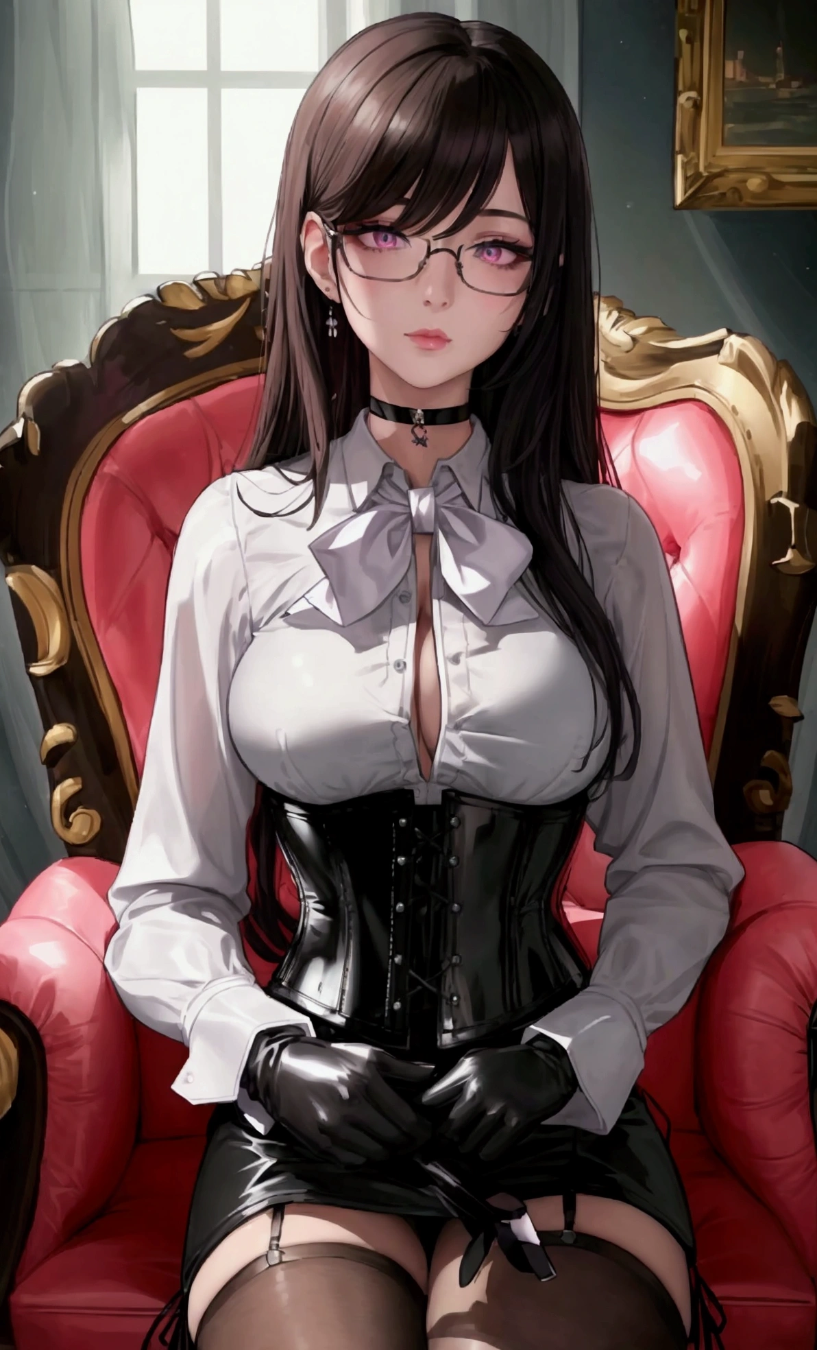 Masterpiece, Beautiful art, professional artist, 8k, Very detailed face, Detailed clothing, detailed fabric, 1 girl, whole body, front view, looking at the viewer, sitting in a furnished chair, pose sexy, BIG BREASTS, perfect thighs, beautiful legs, whole body perfectamente dibujado, shy expression, pale skin, beautiful face, long dark brown hair, 4k eyes, very detailed eyes, pink cheeks, glasses, choker:1.6, (white long sleeve button down shirt with white collar), black gloves, gloves that cover hands, (black leather corset). (shiny black tight mini skirt), Sensual Lips, show details in the eyes, Elegant living room, At night