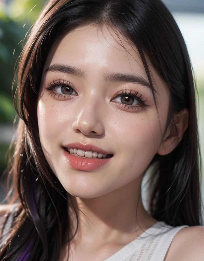 1 girl, 19 years old, south korean, 4k, masterpiece, realistic, realistic textures, frekles under eyes, long whavy black hair, purple fade hair, shining purple eyes, detailed pupils, bright red lips, red eyeliners, naked, gigant breast, happy, big smile, closed mouth, multiple of frekles under eyes, detailed face, detailed eyes, facing camera, bright colors, close up, face focus.