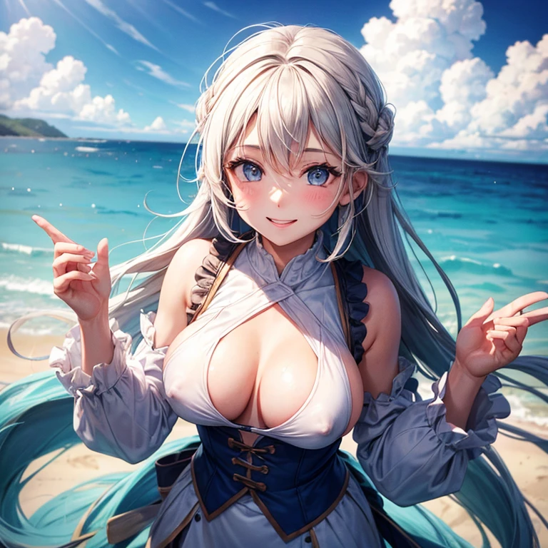 1 girl,Medium ,Looking at the audience, Smile, Sky,ocean, from above, Areola,en nipples,White