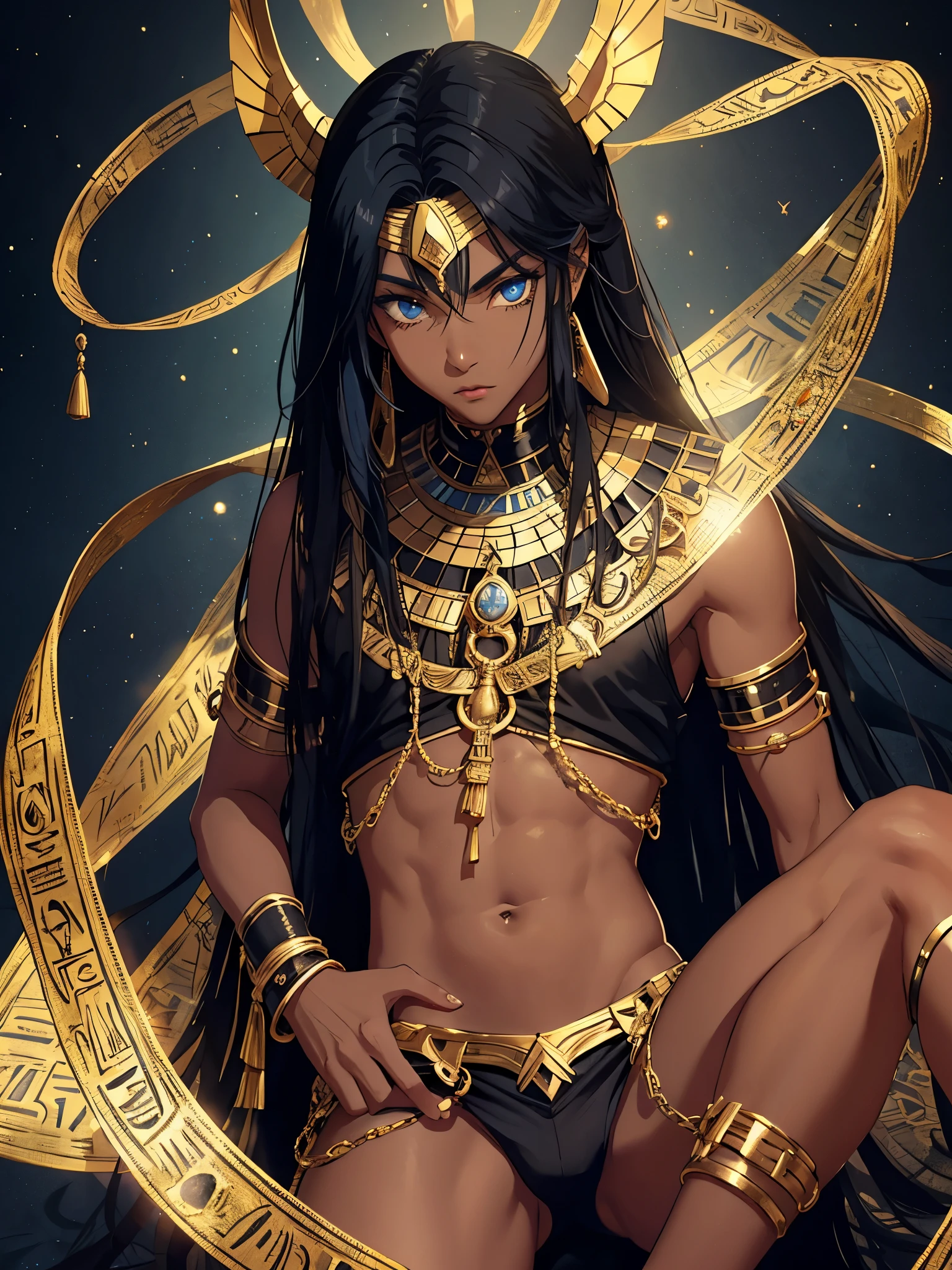 age boy. Egyptiane Gottheit Anubis. He looks like a teenboy. Egyptiane Kleidung. long black hair. Lots of gold jewelry. dark skin. Desert. Egyptian. blue eyes. Rotes Make Up. mystical.