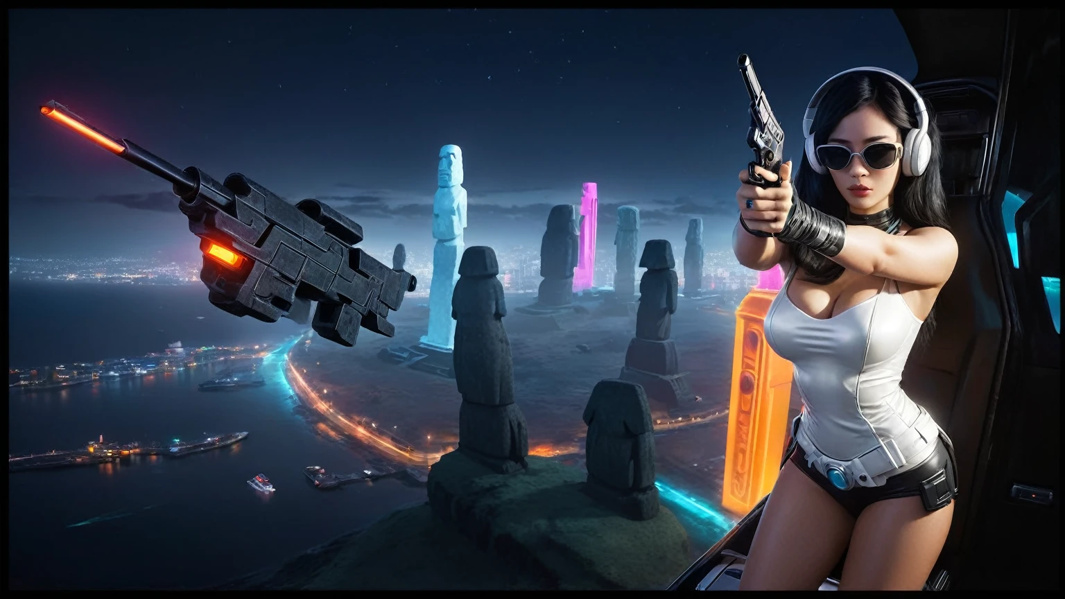 At night, dark sky, distant shot aerial view of fantasy cyberpunk style ice ((Moai-statue)) city, ((flying car)). ((1girl, solo, alone)), medium-breast:1.1 slim body, cleavage, sexy clothes, (headphone, black sunglasses, long black realistic hair), (((hip-up standing and holding pistol))), half-body thigh level medium shot, cinematic lighting.
