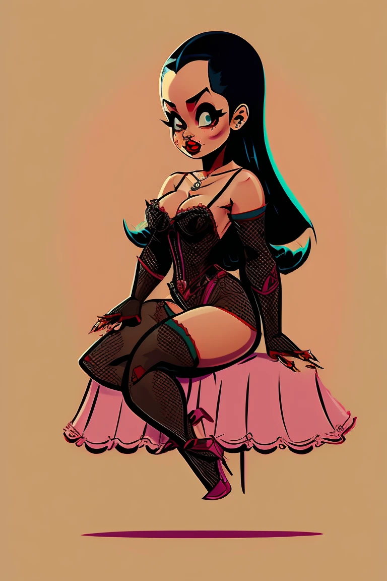 a retro cartoon style pinup, vampire sitting in her coffin drinking a bag of blood,