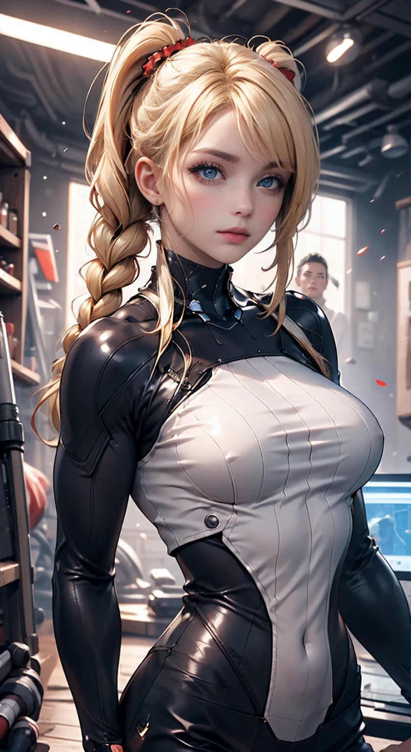 Excellent,work of art,centred, high resolution,highest quallity,hiper HD,very detailled,awardwinning,16K,standing alone,(trunk),anatomical correct,Cute cyberpunk girl,upper body photos、cute face,,blond、long hair、twin tails、braid, thin line,((scarlet eyes)),long eyelashes,drooping eyelids,Caucasian skin,((shoot head on:1.5)), ((skintight:1.5)), Top of the clock、rocket ship , (breasts big),
