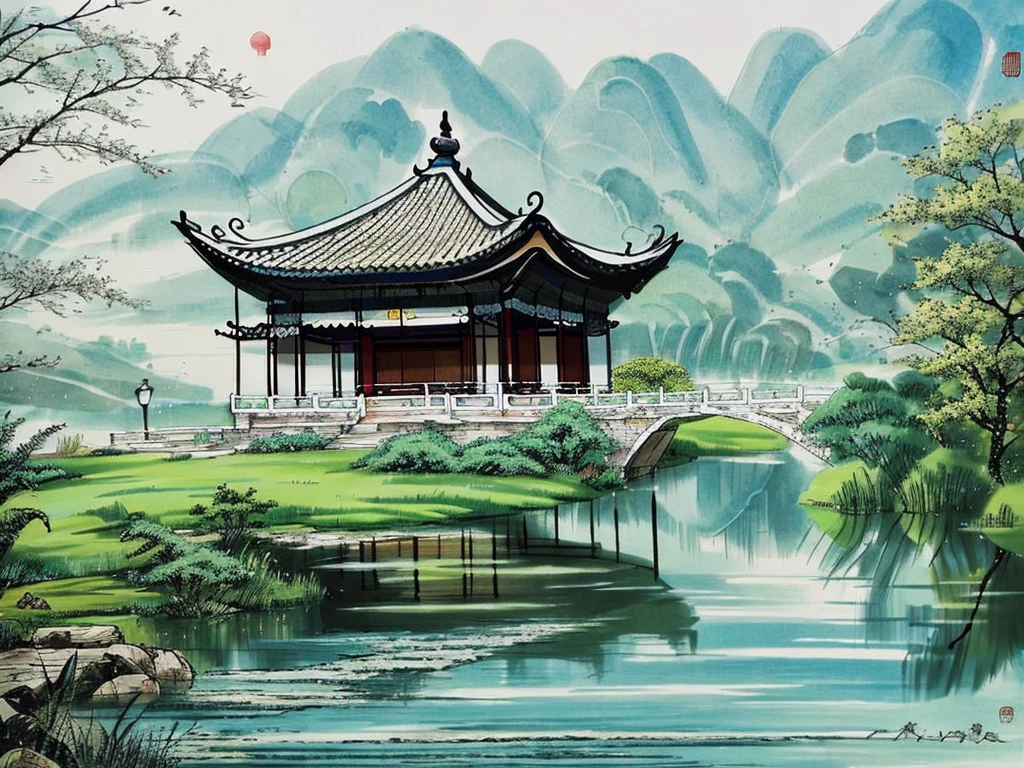 Pavilion by the water，Rich in artistic conception，Ink Painting，Chinese painting，Chinese pavilion，willow，Quiet