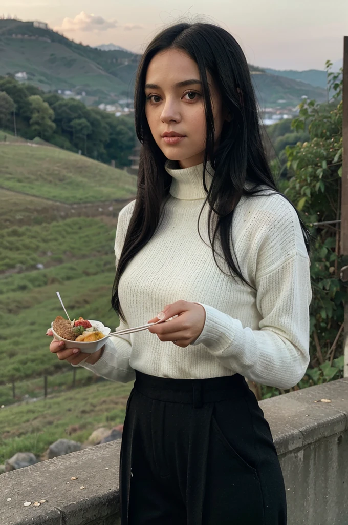 a girl(who is wearing white highneck sweater and black pant, long black hair ) is serving food in her hand, more realistic, background green hills, evening scene
