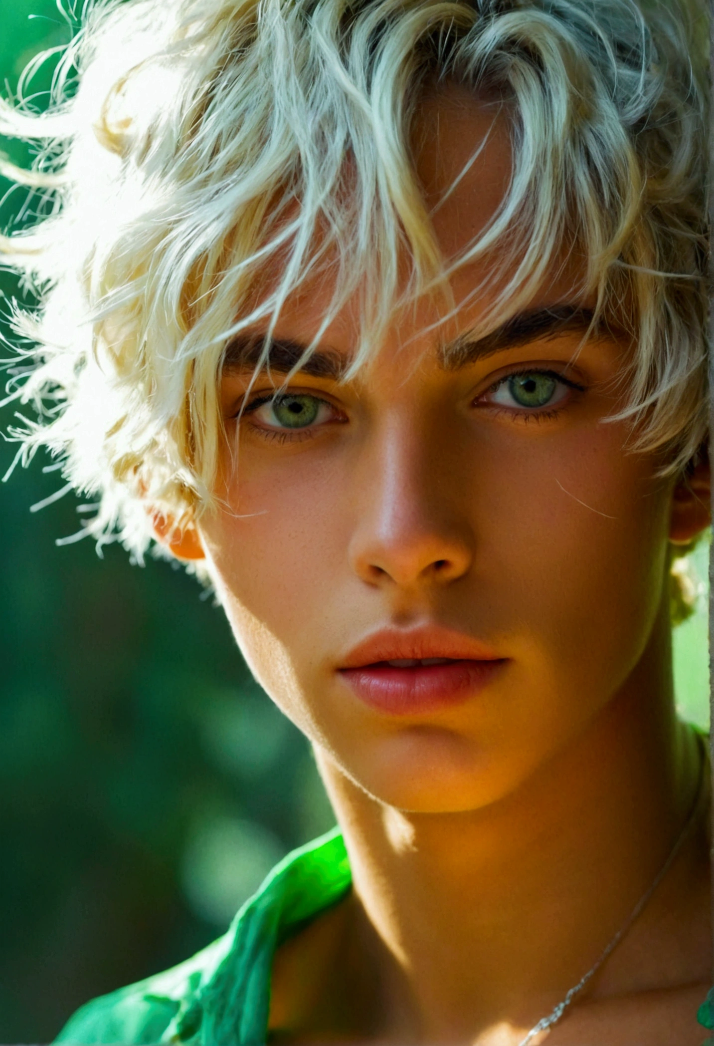 1 hermaphrodite boy,young and feminine face, light green and friendly round eyes, healthy clear skin a little golden, full lips, 18-years old, short wavy blonde hair