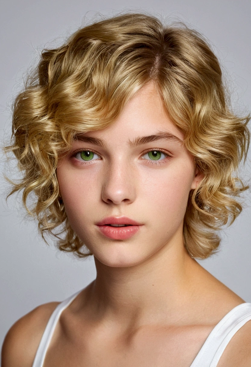 1 hermaphrodite boy,young and feminine face, light green and friendly round eyes, healthy clear skin a little golden, full lips, 18-years old, short wavy blonde hair