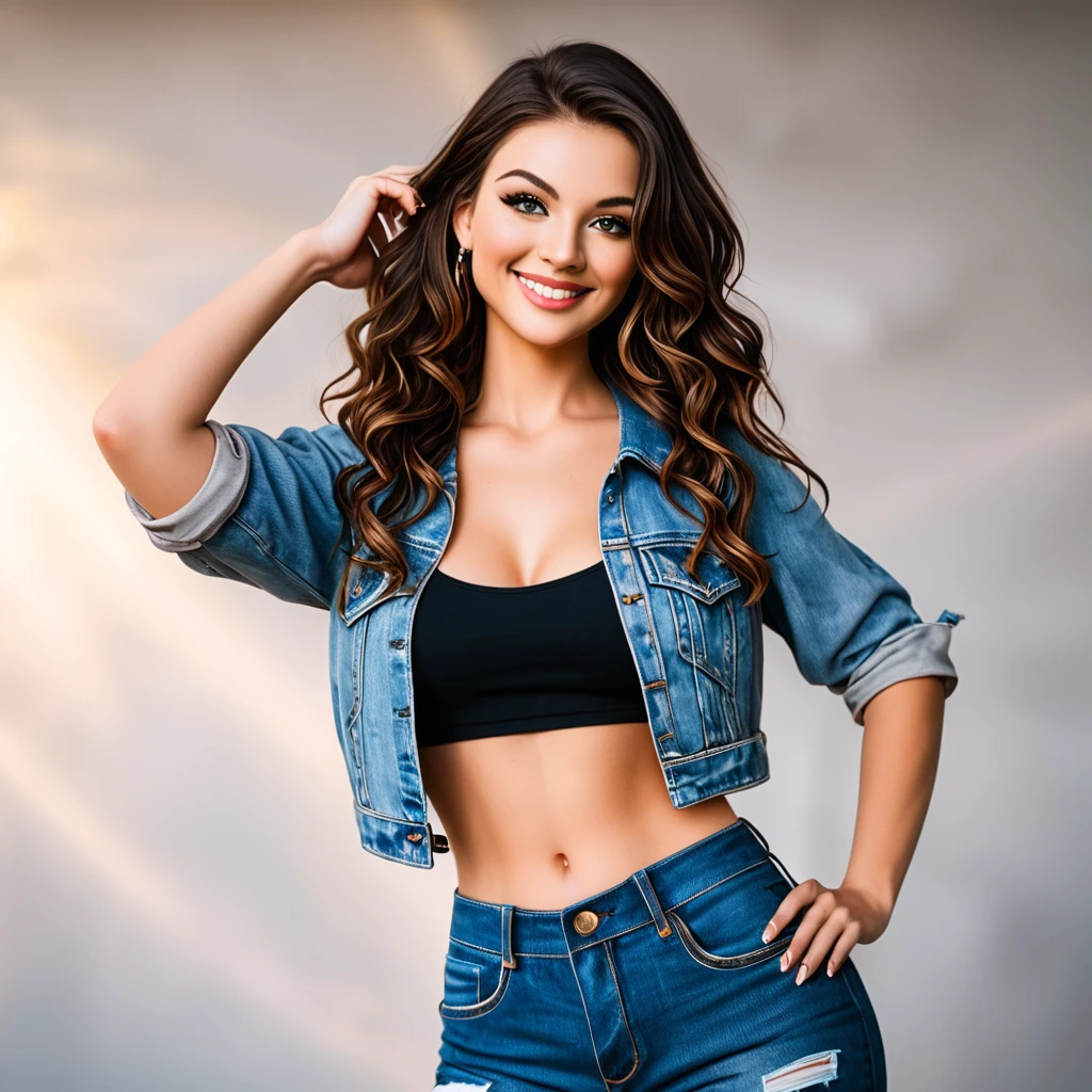 An image of a woman with voluminous wavy hair, standing confidently and smiling at the camera. She is wearing a light denim jacket with rolled sleeves, a black crop top, and high-waisted denim shorts. Her right hand rests on her hip, and her left arm is relaxed at her side. The setting is simple, with soft lighting that highlights her friendly demeanor and casual style.