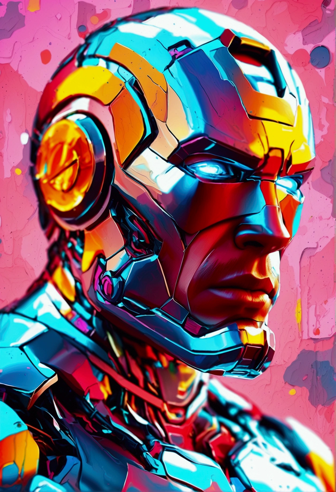 a muscular iron-man in an advanced metallic suit, futuristic neo-pop portrait, extremely detailed face, glowing eyes, intricate mechanical details, dynamic action pose, vibrant colors, neon accents, glowing energy effects, photorealistic, 8k, (best quality,4k,8k,highres,masterpiece:1.2),ultra-detailed,(realistic,photorealistic,photo-realistic:1.37),HDR,UHD,studio lighting,ultra-fine painting,sharp focus,physically-based rendering,extreme detail description,professional,vivid colors,bokeh,celebrity-portraits,young british artists (ybas),poodlepunk,dark beige,blue,celebrity image mashups,pink,blue