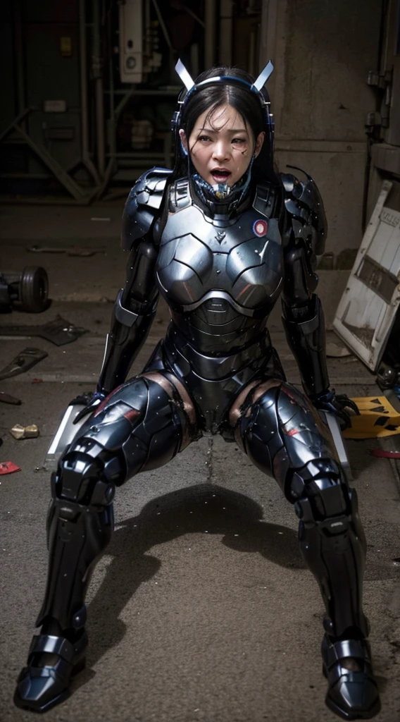 ((lie face up on the ground))((Full Body Shot))Middle-aged women Sweaty face、Black Weight Robot Suit、full black armor, Black Hair、Heavy Cyborg、Sweaty face、、Spread your legs、((Heavily damaged armor))、Open your mouth、、((Headgear damage.)) Sexy Eyes Cracks in the ground、Bleeding from the mouth、The whole body is damaged、bare hands water from crotch