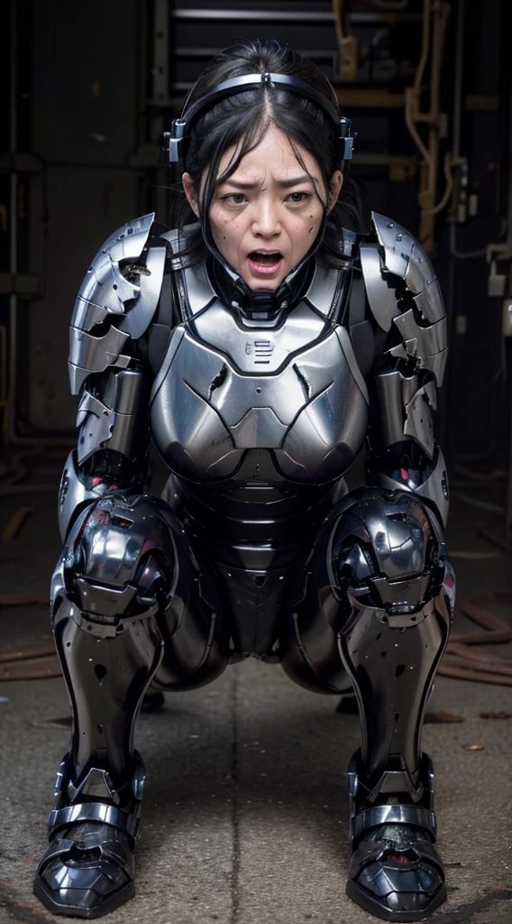 ((lie face up on the ground))((Full Body Shot))Middle-aged women　Sweaty face、Black Weight Robot Suit、full black armor, Black Hair、Heavy Cyborg、Sweaty face、、Spread your legs、((Heavily damaged armor))、Open your mouth、、((Headgear damage.)) Sexy Eyes　Cracks in the ground、Bleeding from the mouth、The whole body is damaged、bare hands　water from crotch