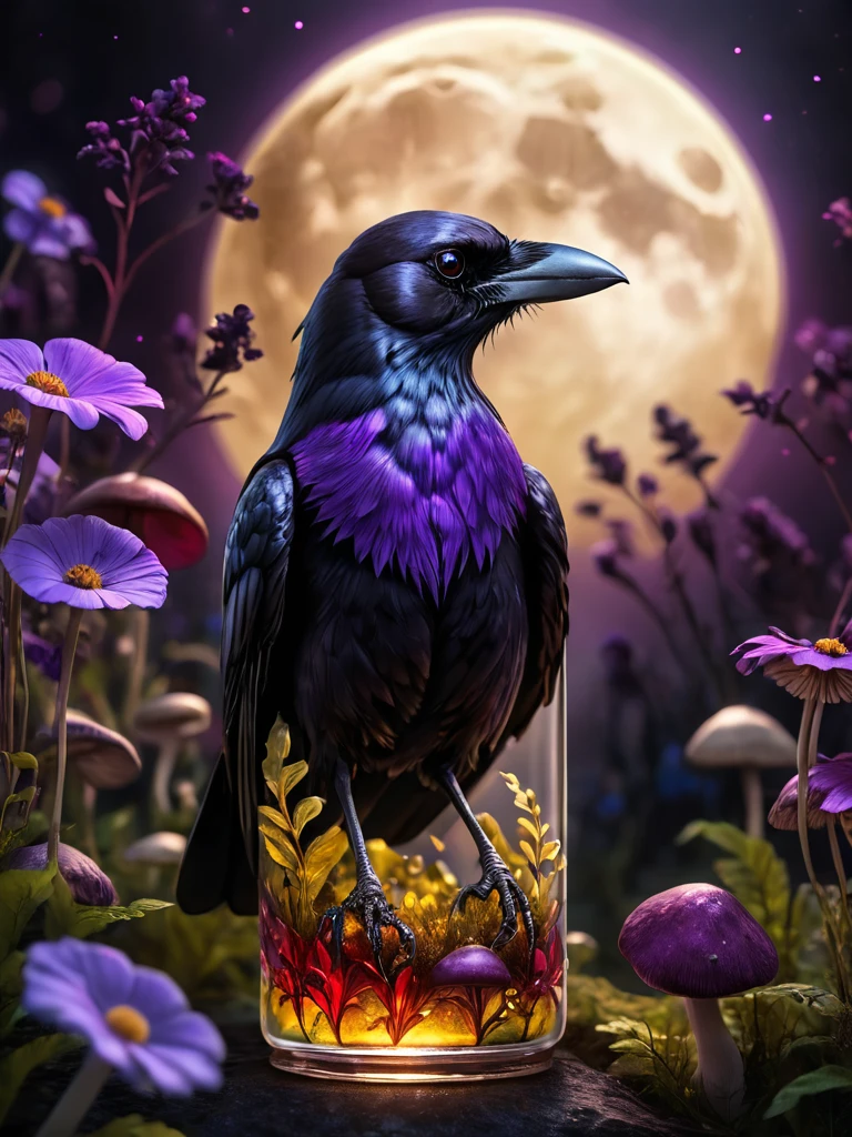 a masterpiece in a glass bottle, red and gold crow, mushroom fields, purple flowers, dark and ghostly background, moon, (best quality,4k,8k,highres,masterpiece:1.2),ultra-detailed,(realistic,photorealistic,photo-realistic:1.37),HDR,UHD,studio lighting,ultra-fine painting,sharp focus,physically-based rendering,extreme detail description,professional,vivid colors,bokeh,dark fantasy,macabre,moody atmosphere,cinematic lighting