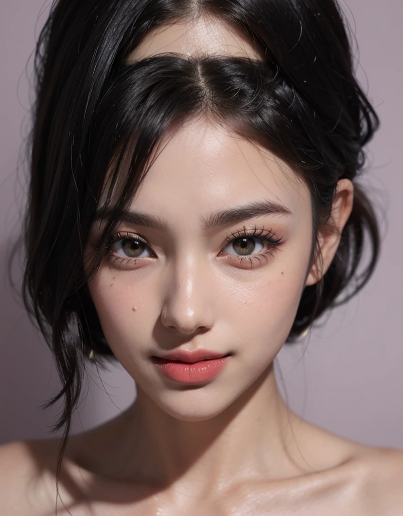1 girl, 19 years old, south korean, 4k, masterpiece, realistic, realistic textures, frekles under eyes, short whavy black hair, bob haircut, shining purple eyes, detailed pupils, bright red lips, red eyeliners, naked, gigant breast, happy, big smile, closed mouth, multiple of frekles under eyes, detailed face, detailed eyes, facing camera, bright colors, close up, face focus.