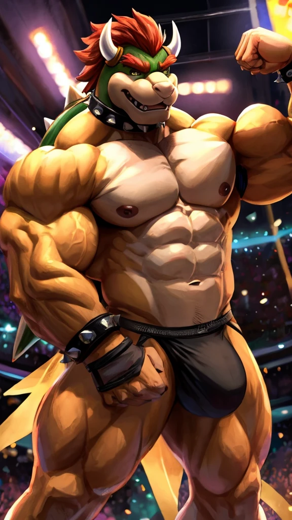 Bowser flexing his muscles wearing a black jockstrap
