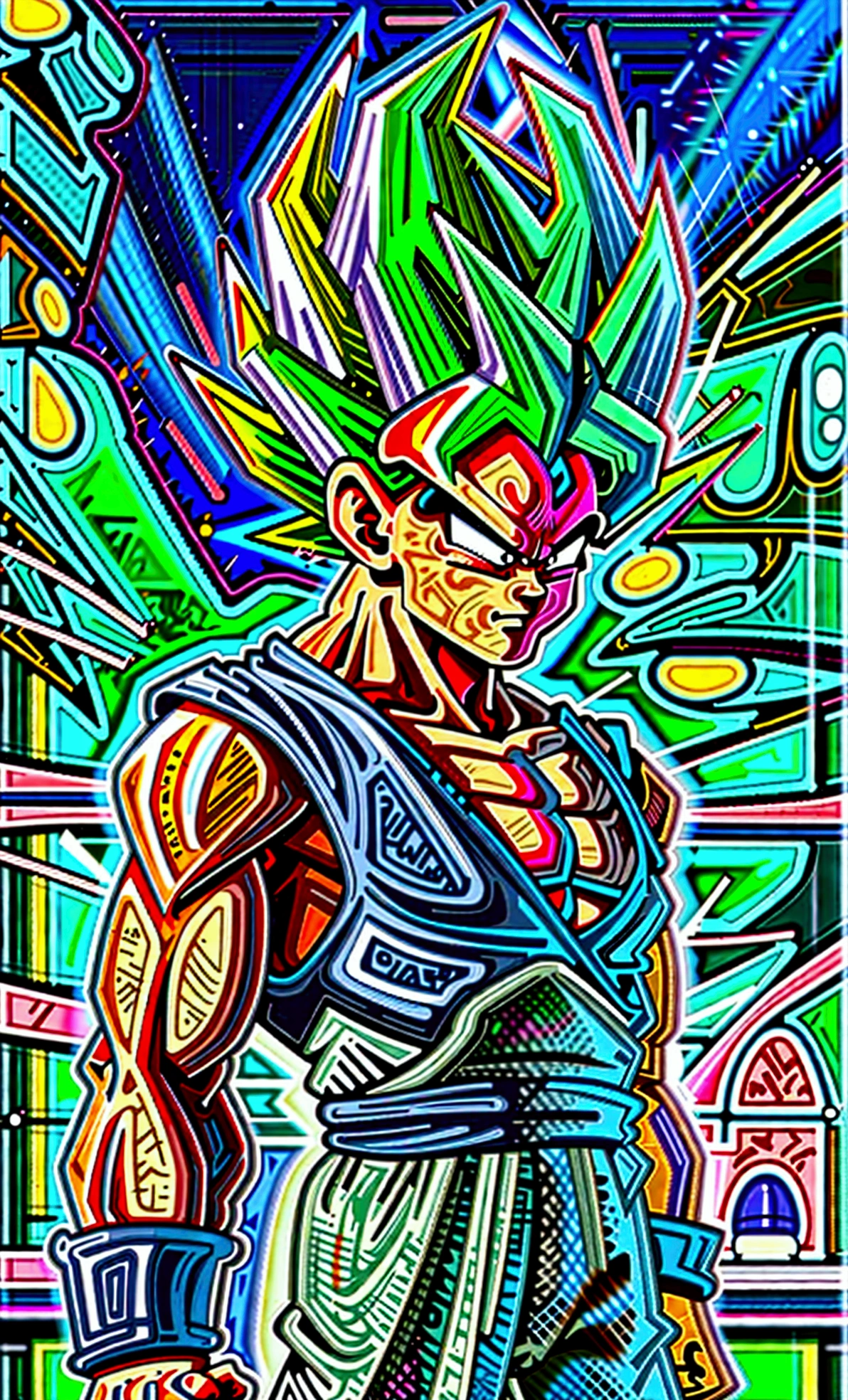 full-body shot, dragon ball Super art style, (young muscular bulky brawny, one saiyan monkey tail), Full power Legendary Super Saiyan, all glowing green hair, thicker eyebrows, glowing yellow eyes, subtle grin expression, in a big bang attack stance, green kai lightning surrounds him, all black clothes, night with city in the background, ((solo)),