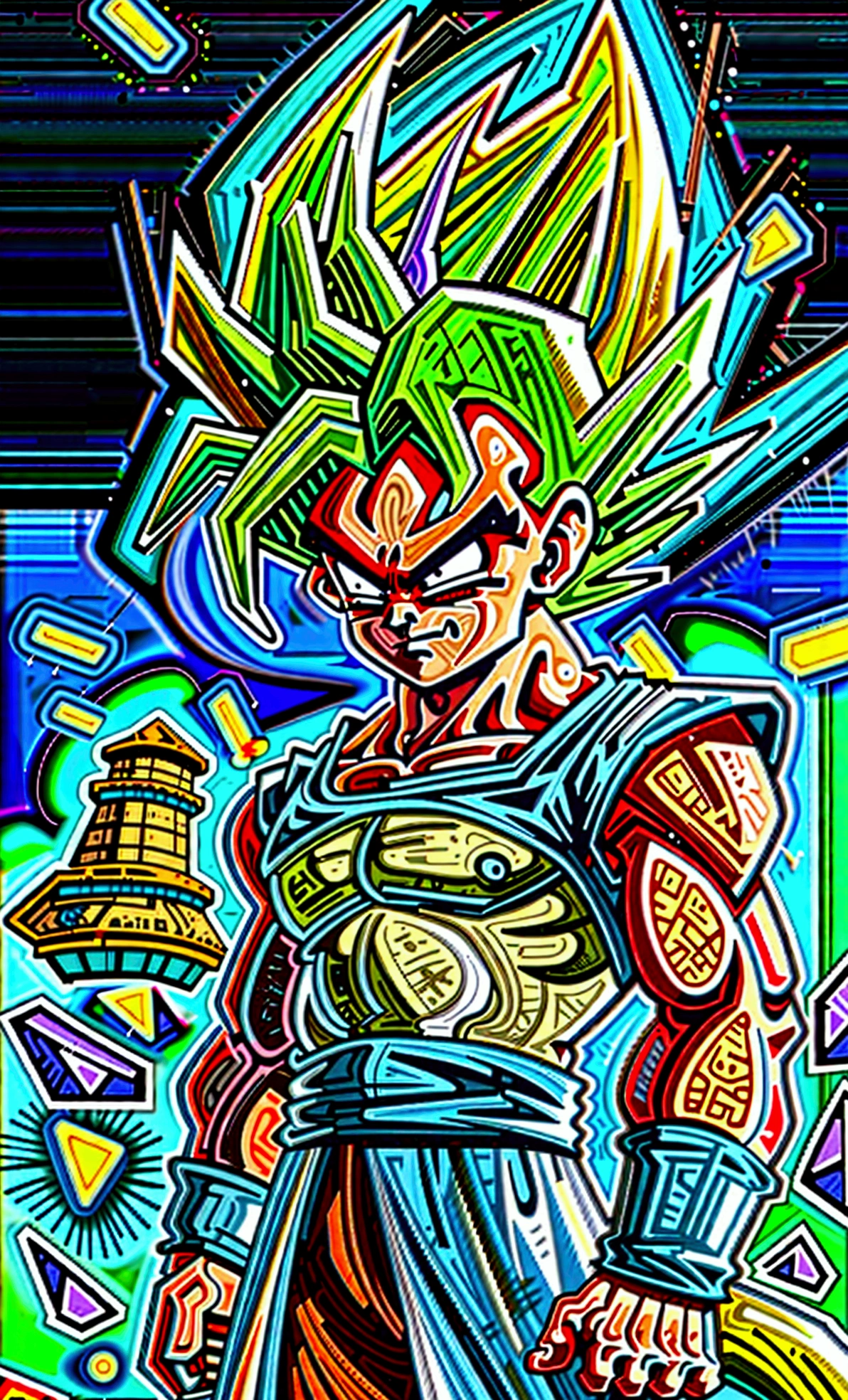 full-body shot, dragon ball Super art style, (young muscular bulky brawny, one saiyan monkey tail), Full power Legendary Super Saiyan, all glowing green hair, thicker eyebrows, glowing yellow eyes, subtle grin expression, in a big bang attack stance, green kai lightning surrounds him, all black clothes, night with city in the background, ((solo)),