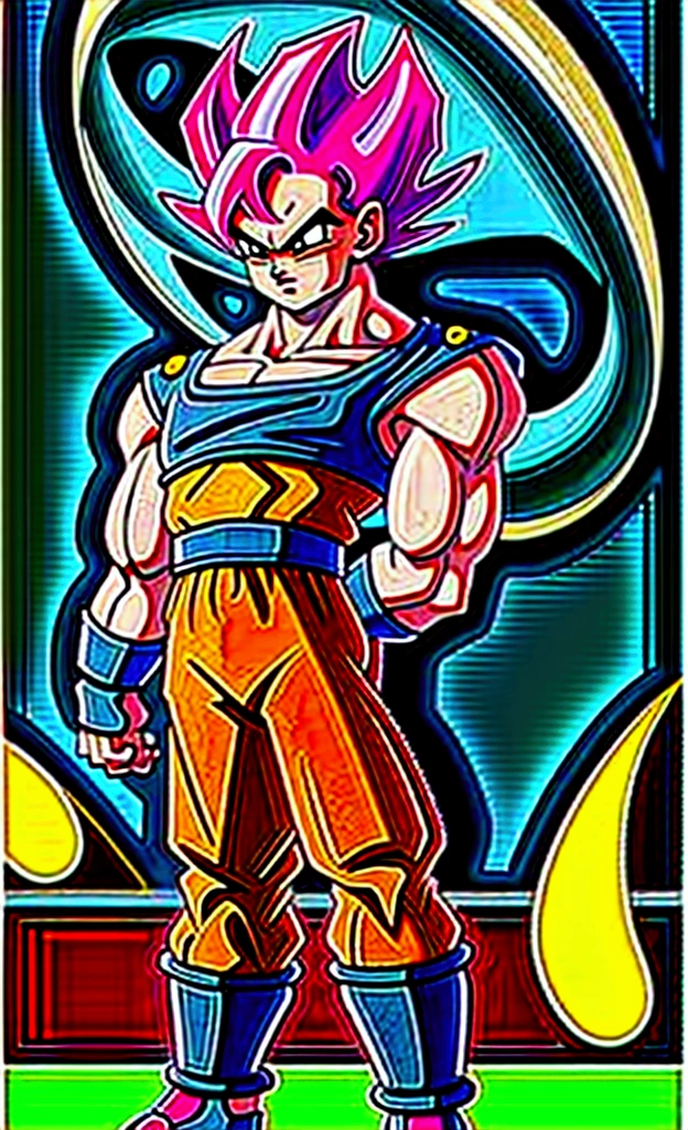 full-body shot, dragon ball Super art style, (young muscular bulky brawny, one saiyan monkey tail), Full power Legendary Super Saiyan, all glowing green hair, thicker eyebrows, glowing yellow eyes, subtle grin expression, in a big bang attack stance, green kai lightning surrounds him, all black clothes, night with city in the background, ((solo)),