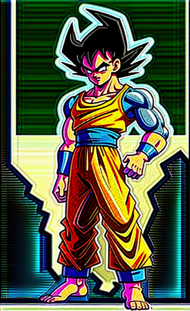 full-body shot, dragon ball Super art style, (young muscular bulky brawny, one saiyan monkey tail), Full power Legendary Super Saiyan, all glowing green hair, thicker eyebrows, glowing yellow eyes, subtle grin expression, in a big bang attack stance, green kai lightning surrounds him, all black clothes, night with city in the background, ((solo)),