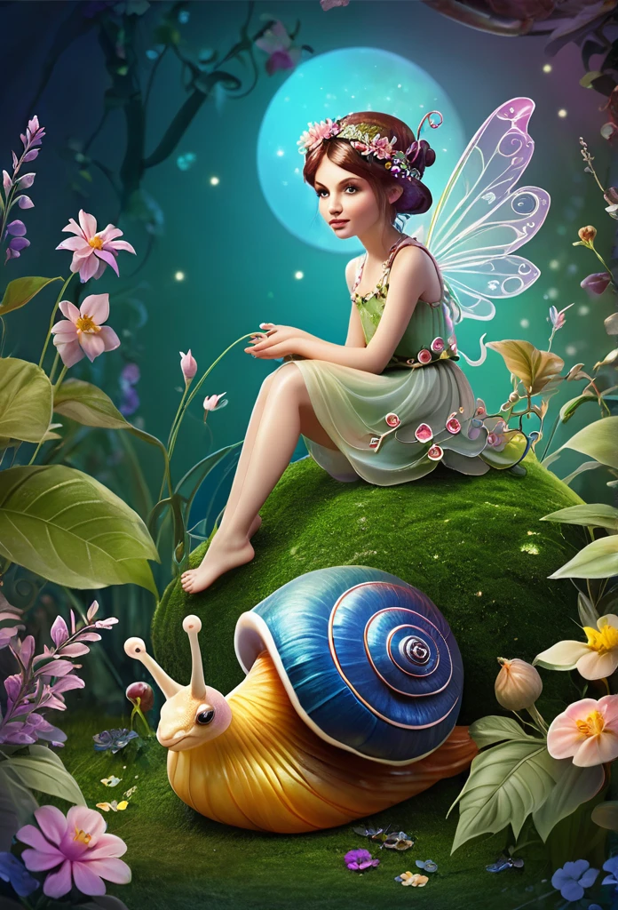 Beautiful tiny fairy sitting on a snail,in a magic background,flowers,vines,grass