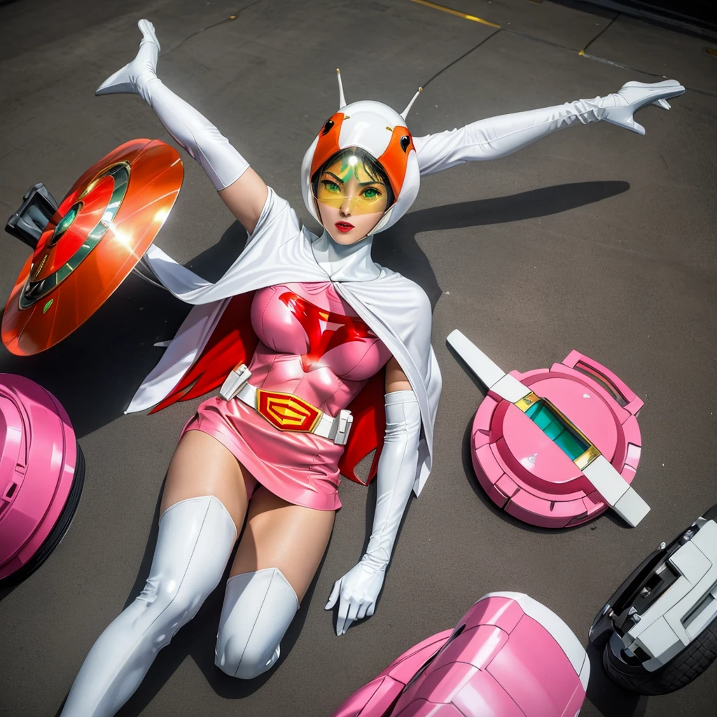 ANI_CLASSIC_jun_gatchaman_ownwaifu,1girl, 15 year old, good anatomy, masterpiece, best quality, realistic, hyperrealistic, 16k hdr, breasts, green eyes, lips, large breasts, lipstick, makeup, gloves, cape, helmet, belt, elbow gloves, white gloves, mask, ultra miniskirt, leotard, spacesuit, white tight overknee highheels boots, pink dress, superhero,bodysuit,(lying flat poses, view from above),pantyhose