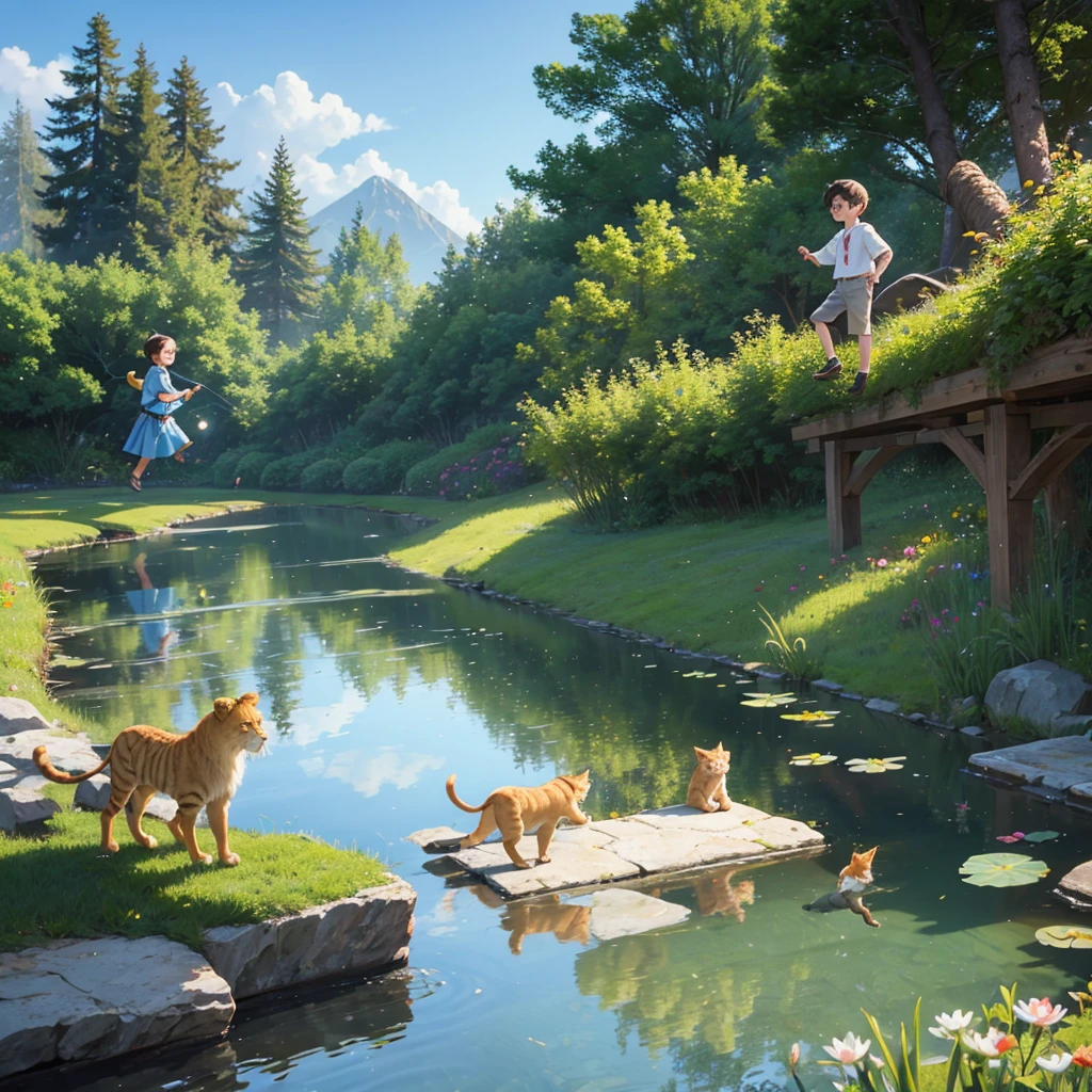 A cute little boy with dark hair and eyes and a blonde  stood with a lion a wizard and a large ginger cat around a pond looking at the fish jumping out of the water. Pixar 3d style.