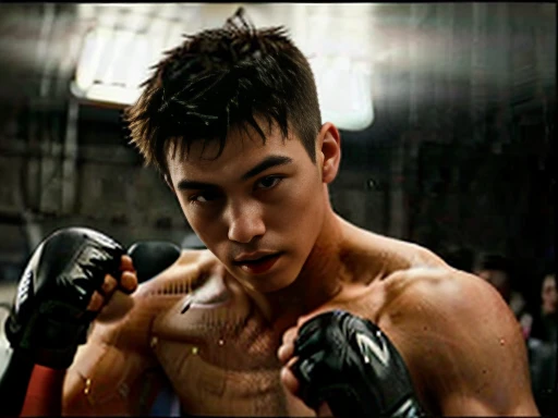 1 homme, 18 ans, couelru claires, lycéen, Boxing champion, est sur le ring, lumière,
homme musclé portant un peignoir de boxe noir uni et un collier en chaîne de titane, 18-year-old man, red glowing eyes, Fight, mma gloves, mma, school ring, karate school, combat, realism, Epic, beautiful photography, studio shots, soft Iight, portraits, ultra-realistic skin textures, intricate details, l Ultra HD 32K