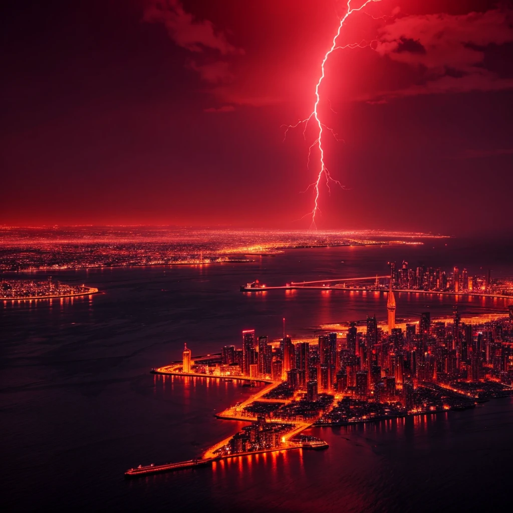 makes an image of a fantasy city with red lighting but that looks like a city taken from paradise itself
