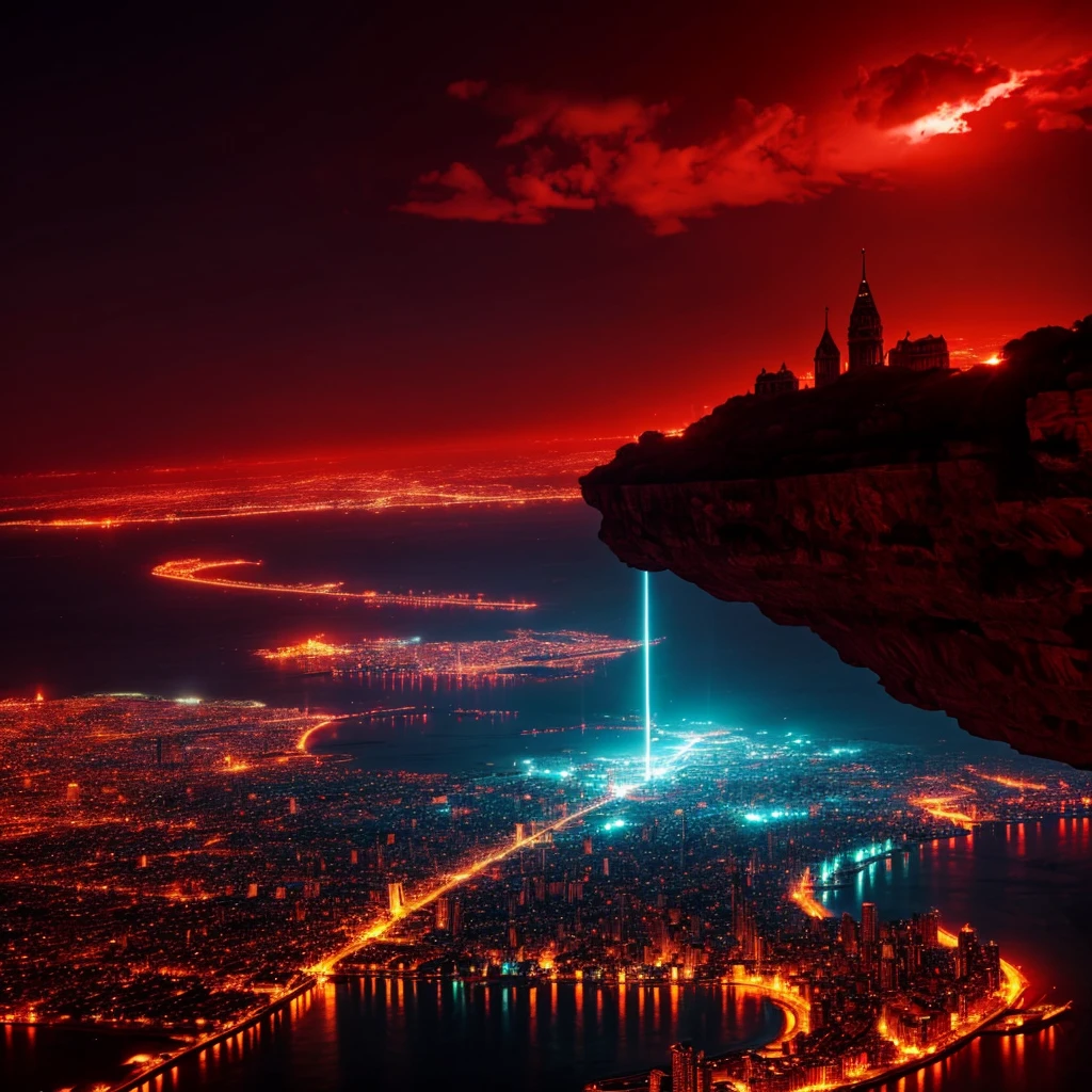 makes an image of a fantasy city with red lighting but that looks like a city taken from paradise itself