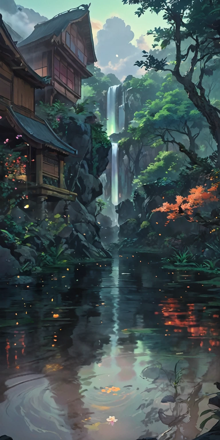 Chinese ancient times, spring, jungle, lake, cave, waterfall, tree, meadow, rock, deer, hot spring, water vapor, (illustration: 1.0), epic composition, realistic lighting, HD details, masterpiece, best quality, (very detailed CG unified 8k wallpaper), digital painting,  location, location из игры, большая location, glowing effects in the background, fog in the foreground with glow effects, colorful, No characters, no characters, только location, cute style, anime style, night, nightю, night time, Night lighting 