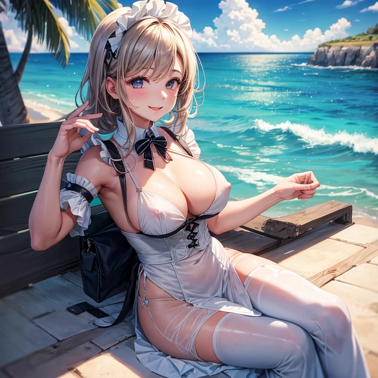 1 girl,Medium breasts,Looking at the audience, Smile, Sky,ocean, Areola, Swollen nipples,maid outfit