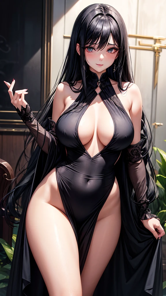 a woman with long black hair, As dark as midnight, that cascade over your shoulders. She wears a short, tight, transparent mini dress., that embraces your curves boldly. The plunging neckline reveals flawless skin and invites prying eyes. Your lips, painted intense red, form an enigmatic smile. Their eyes, like two shining emeralds, convey mystery and desire. She assumes an elegant pose, with a slightly sloping shoulder, daring anyone to resist its magnetic presence. Thick thighs beautiful big butt