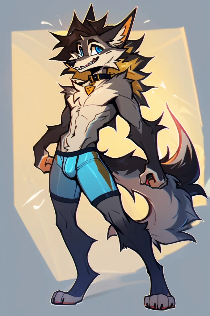 furry, anthro, wolf, fluffy pointed wolf ears, fluffy wolf tail, yellow and white colored fur, messy fur, neck floof, fluffy mohawk, hair same colour as fur, sharp light blue eyes, razor sharp teeth, slim body, handsome, sexy, slender, tall, wearing a light blue dog collar and light blue and white boxer briefs with a giant bulge, pawpads, pink pawpads, ((best quality, 4K, UHD, masterpiece)), posing playfully,