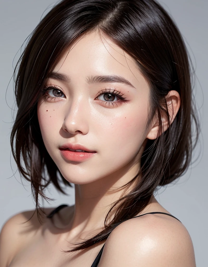 1 girl, 19 years old, south korean, 4k, masterpiece, realistic, realistic textures, frekles under eyes, short whavy black hair, bob haircut, shining purple eyes, detailed pupils, bright red lips, red eyeliners, naked, gigant breast, happy, big smile, closed mouth, multiple of frekles under eyes, detailed face, detailed eyes, facing camera, bright colors, close up, face focus.