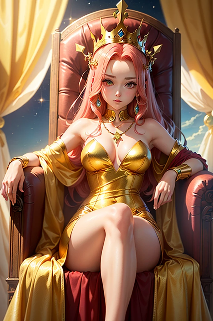((best quality)), ((masterpiece)), ((detail)), (anime style) ((720p)), red and little pink haired girl with pony closed forehead and with long hair, queen of the world, Sitting on a luxurious golden throne, wearing a golden crown, golden necklace, and golden dress, surrounded by luxury