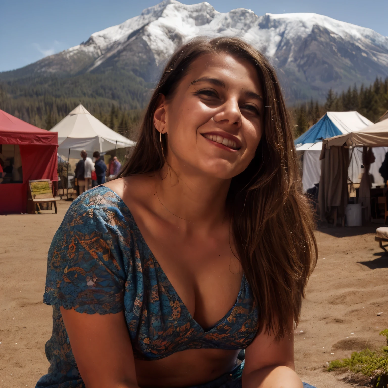 Hot Weather
A young Native American  slightly smiling seductive woman sits by the edge of the British Columbia seashore, her face glowing with contentment as she enjoys the hot, windy summer day. The temperate rainforest is far in the background, with the snow-capped peaks of the Rocky Mountains visible in the distance.

Around her, traditional Coast Salish tipis made from wood and covered with animal hides are set up. These conical structures are constructed from bison and deer hides, adorned with intricate beadwork and traditional symbols. Short tree stumps and large stones are arranged as seating near the tipis. The camp is bustling with activity as other members of the Coast Salish tribe engage in various tasks.

The woman wears authentic Native American clothing typical of her tribe, including a fringed deerskin dress decorated with beadwork and traditional symbols. Her long, black hair is braided and adorned with colorful beads and feathers. Her light blue eyes and full lips stand out against her sun-kissed skin, framed by high cheekbones and expressive eyebrows. She has a traditional tattoo, an intricate design that tells a story of her heritage.

The beach scene is serene, with small waves gently lapping against the rocky shore and the sun shining brightly. The sky is clear and blue, and a warm breeze blows through the camp, rustling the hides of the tipis. The rocky beach leads to the calm, cold waters of the Pacific Ocean on the left. The dense foliage of the British Columbia rainforest is on the right, providing a lush backdrop. The snow-capped peaks of the Rocky Mountains are visible in the far distance, adding to the majesty of the landscape. This scene captures the essence of traditional Coast Salish life, showcasing their harmonious relationship with nature, craftsmanship, and community spirit.