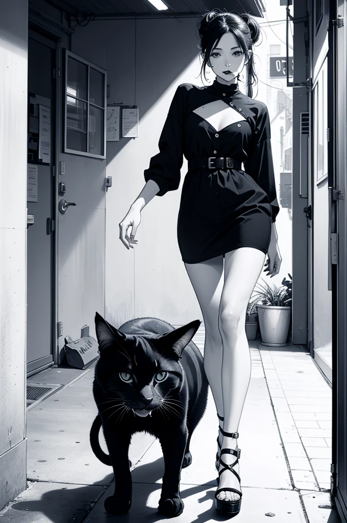 whole body、Wearing a fashionable dress、hair tied back、He is standing on top of the cat, looking at me and provoking me with his tongue sticking out.。I'm in a dark room that's lit up。There's a TV in the back、porn video is playing。