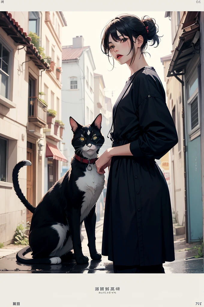 whole body、Wearing a fashionable dress、hair tied back、He is standing on top of the cat, looking at me and provoking me with his tongue sticking out.。I'm in a dark room that's lit up。There's a TV in the back、porn video is playing。