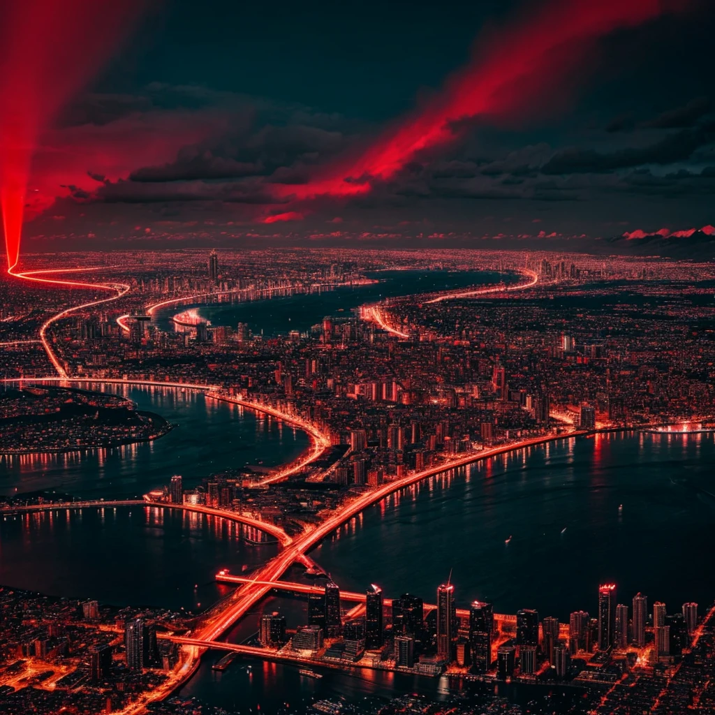 makes an image of a city with red lighting but that looks like a city taken from paradise itself