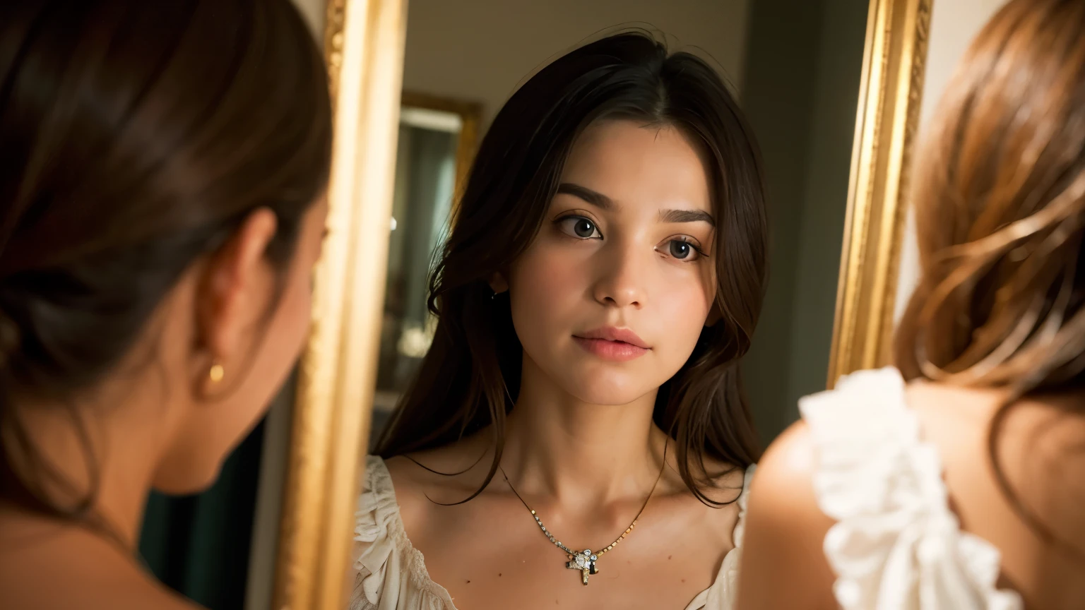 ((best quality)), ((masterpiece)), (detailed), A person reflecting in front of a mirror, with soft light and symbols of release and transformation