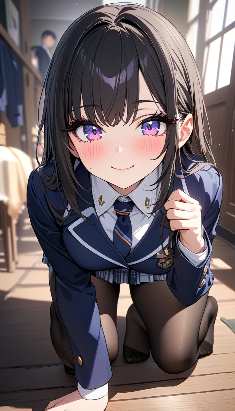 ((最high quality, 8K, masterpiece)), High resolution、(high quality: 1.5)、Very detailed、Detailed face、Bright colors、Natural light、Fine grain、Colorful eyes、Beautiful Face、非常にDetailed faceのテクスチャの女性,masterpiece, 最high quality, Detailed and beautiful eyes,最high quality、Best image quality、masterpiece、,high school girl,(eyelash:1.3), (eye shadow:1.3), (Beautiful attention to detail:1.4) ,A nice face,smile,(black tights), (Black Pantyhose), (Crouching pose), (No shoes), blush, looking at the camera, Blazer Uniform, Checkered Pleated Skirt,so beautiful、High resolution,Close to the audience,