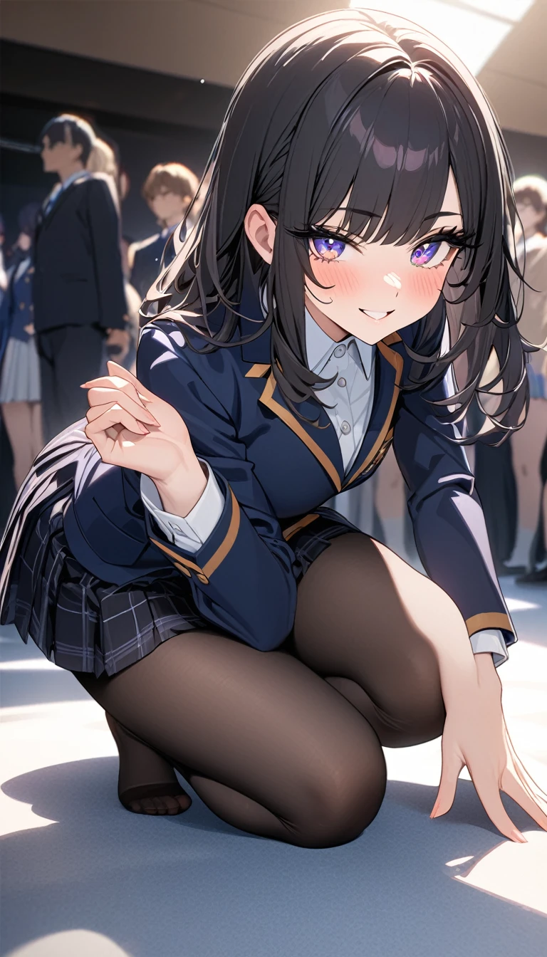((最high quality, 8K, masterpiece)), High resolution、(high quality: 1.5)、Very detailed、Detailed face、Bright colors、Natural light、Fine grain、Colorful eyes、Beautiful Face、非常にDetailed faceのテクスチャの女性,masterpiece, 最high quality, Detailed and beautiful eyes,最high quality、Best image quality、masterpiece、,high school girl,(eyelash:1.3), (eye shadow:1.3), (Beautiful attention to detail:1.4) ,A nice face,smile,(black tights), (Black Pantyhose), (Crouching pose), (No shoes), blush, looking at the camera, Blazer Uniform, Checkered Pleated Skirt,so beautiful、High resolution,Close to the audience,