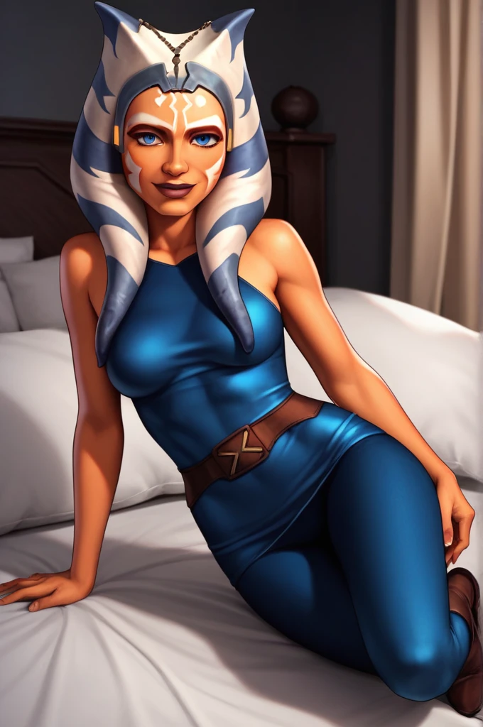 score_9, score_8_up, score_7_up, score_6_up, score_5_up, score_4_up, AhsokaTanoXL, blue eyes, tentacle hair, orange skin, colored skin, facial mark, medium breasts, blue dress, skirt, blue pants, bare shoulders, guantlets, hip armor, skirt,blue pants, brown boots, solo, lying on bed in her lingerie, nude ,seductive smile, looking at viewer, indoors 