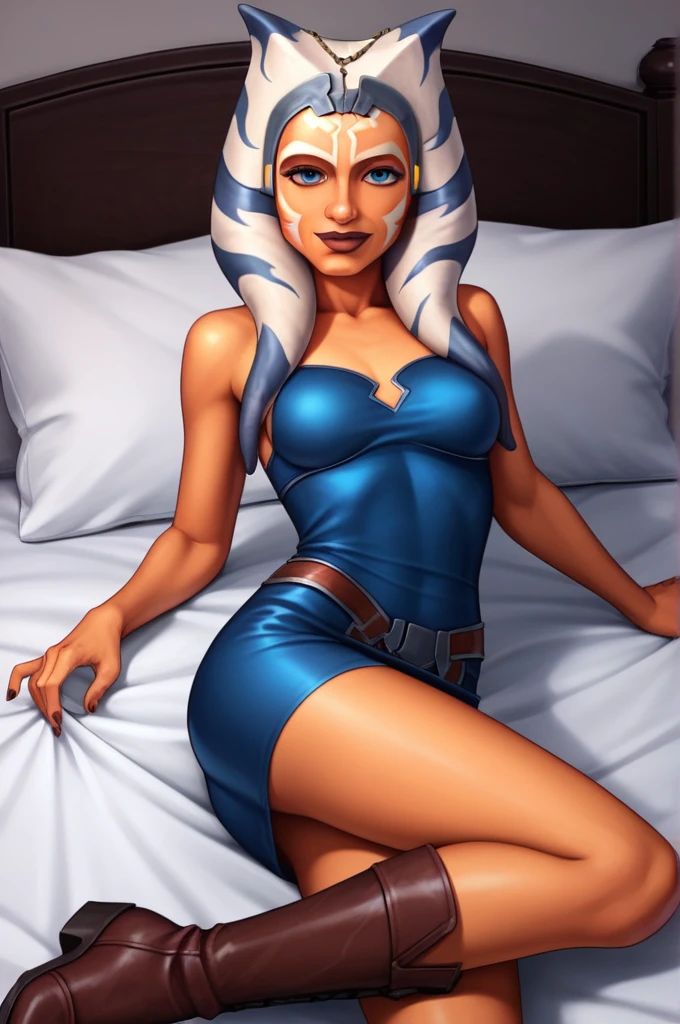 score_9, score_8_up, score_7_up, score_6_up, score_5_up, score_4_up, AhsokaTanoXL, blue eyes, tentacle hair, orange skin, colored skin, facial mark, medium breasts, blue dress, skirt, blue pants, bare shoulders, guantlets, hip armor, skirt,blue pants, brown boots, solo, lying on bed in her lingerie, nude ,seductive smile, looking at viewer, indoors 