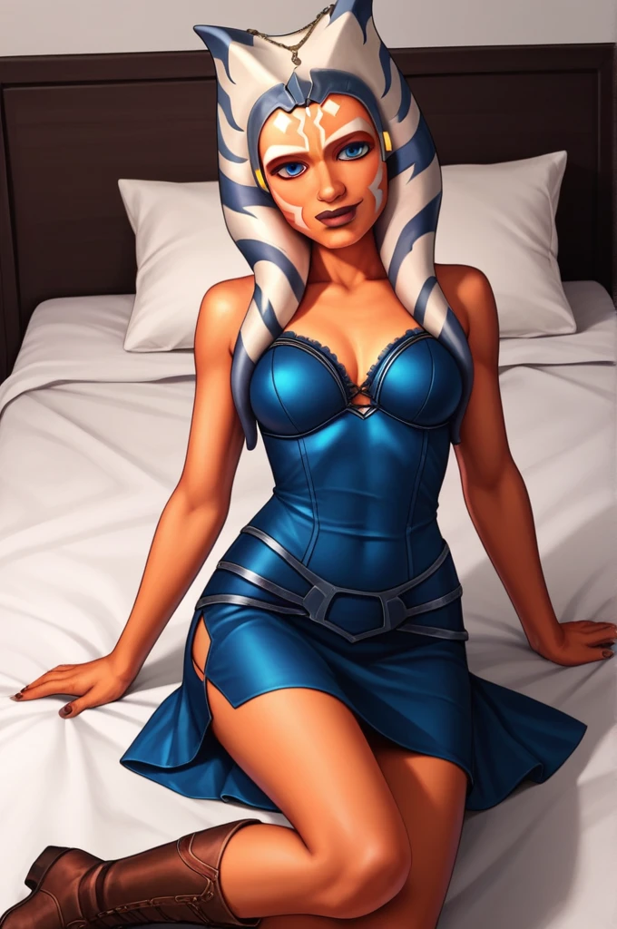 score_9, score_8_up, score_7_up, score_6_up, score_5_up, score_4_up, AhsokaTanoXL, blue eyes, tentacle hair, orange skin, colored skin, facial mark, medium breasts, blue dress, skirt, blue pants, bare shoulders, guantlets, hip armor, skirt,blue pants, brown boots, solo, lying on bed in her lingerie, nude ,seductive smile, looking at viewer, indoors 