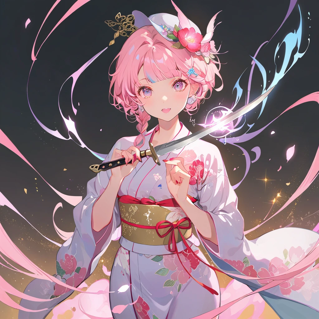 highly detailed、yukata、knife、magic、hat、shortライン、ロングshort、ピンク🎀💕💓💗ボブ、Highline、short