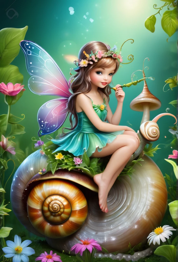 Beautiful tiny fairy sitting on a snail,in a magic background,flowers,vines,grass