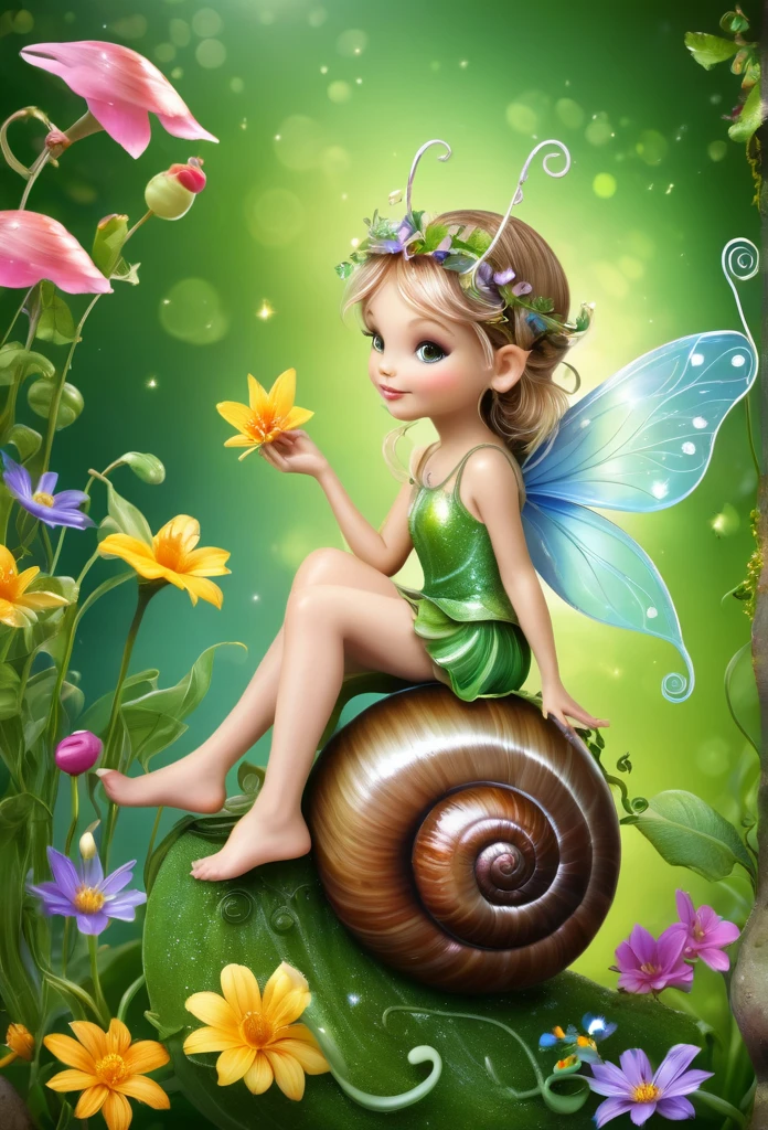 Beautiful tiny fairy sitting on a snail,in a magic background,flowers,vines,grass