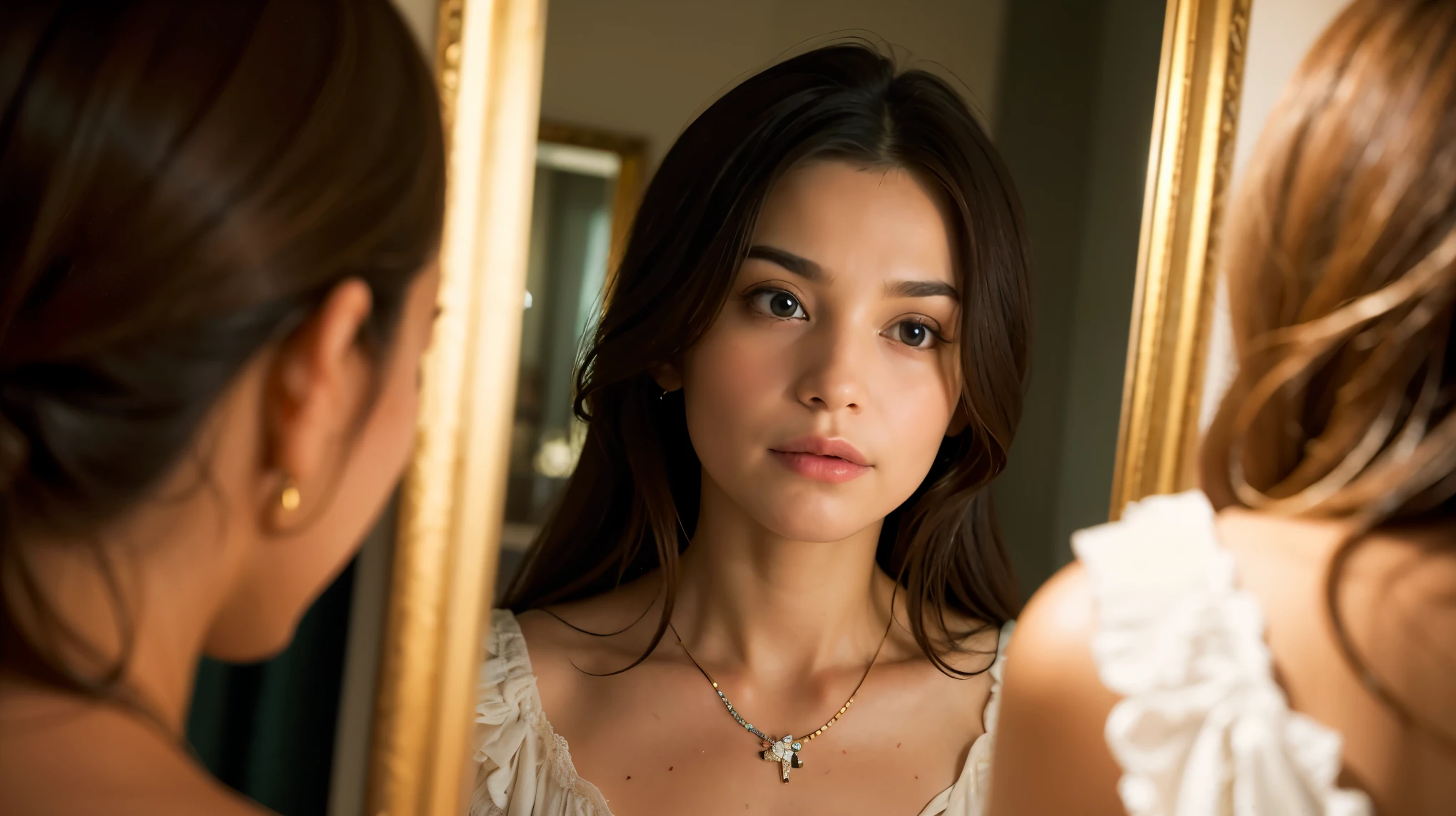 ((best quality)), ((masterpiece)), (detailed), A person reflecting in front of a mirror, with soft light and symbols of release and transformation