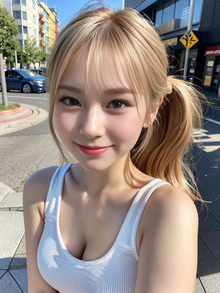(RAW Photos,Realistic, Photorealistic: 1.4, masterpiece, highest quality), 98k, 1 Beautiful Day Woman, alone, 20-year-old, Small face,Cute face:1.2,Smiling, Larger breasts, Exposing cleavage,Beautifully detailed round eyes, Droopy Eyes 1.4, Long platinum blonde hair,(ponytail), (Highly detailed face and skin texture), Beautiful face in golden proportions,White Skin Sexy Dress,Sexy pose, street, Day, sunny Day, close, (View Viewer:1.4)